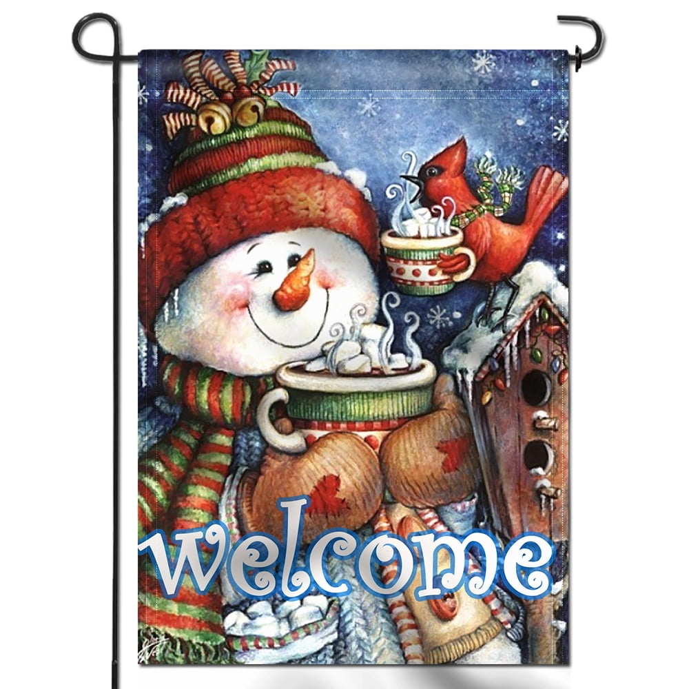 ANLEY [Double Sided] Premium Winter Garden Flag, Snowman Bird