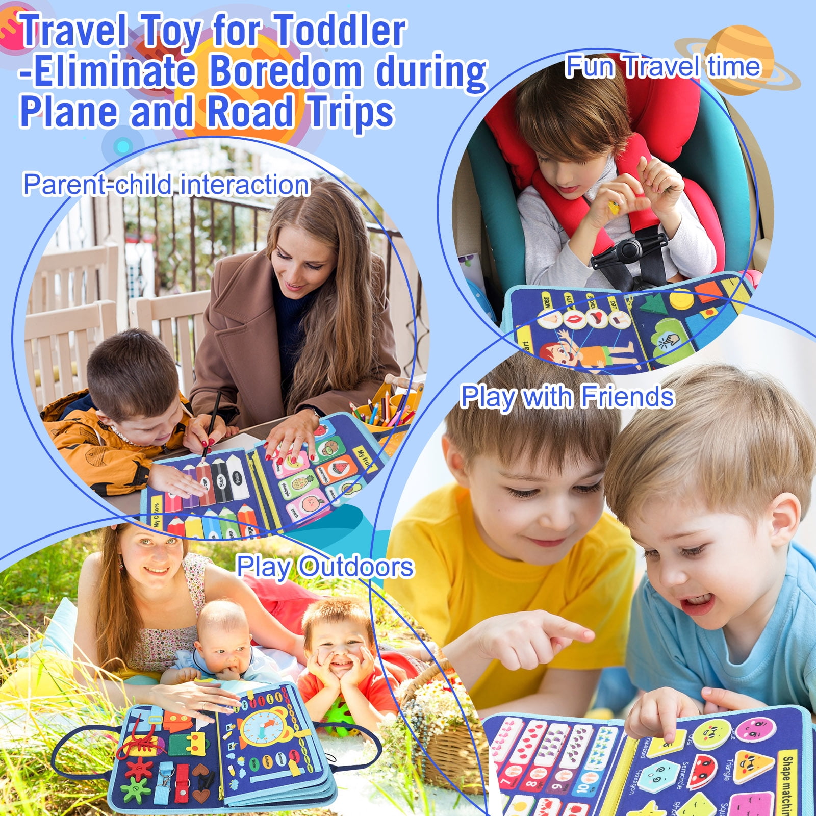 Montessori Busy Board - Ideal Busy Book Toddler Toys & Gifts for Boys & Girls, Toddler Travel Essential for Airplane & Car, Sensory Toys, Great for Baby Gifts for Boys