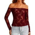 thumbnail image 2 of Nmnitkp Women's Sheer Lace Tops - Long Sleeve Fitted Crew Neck Blouses, See-Through Floral Lace Layered Camisole for Date Night, Clubwear & Everyday Wear Red,XL, 2 of 7