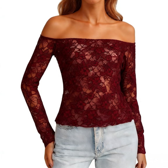 Qgtaibl Women Off Shoulder Lace Long Sleeve Tops Floral Sheer Mesh Slim Fit Cropped Going Out Party Blouses Red XXL