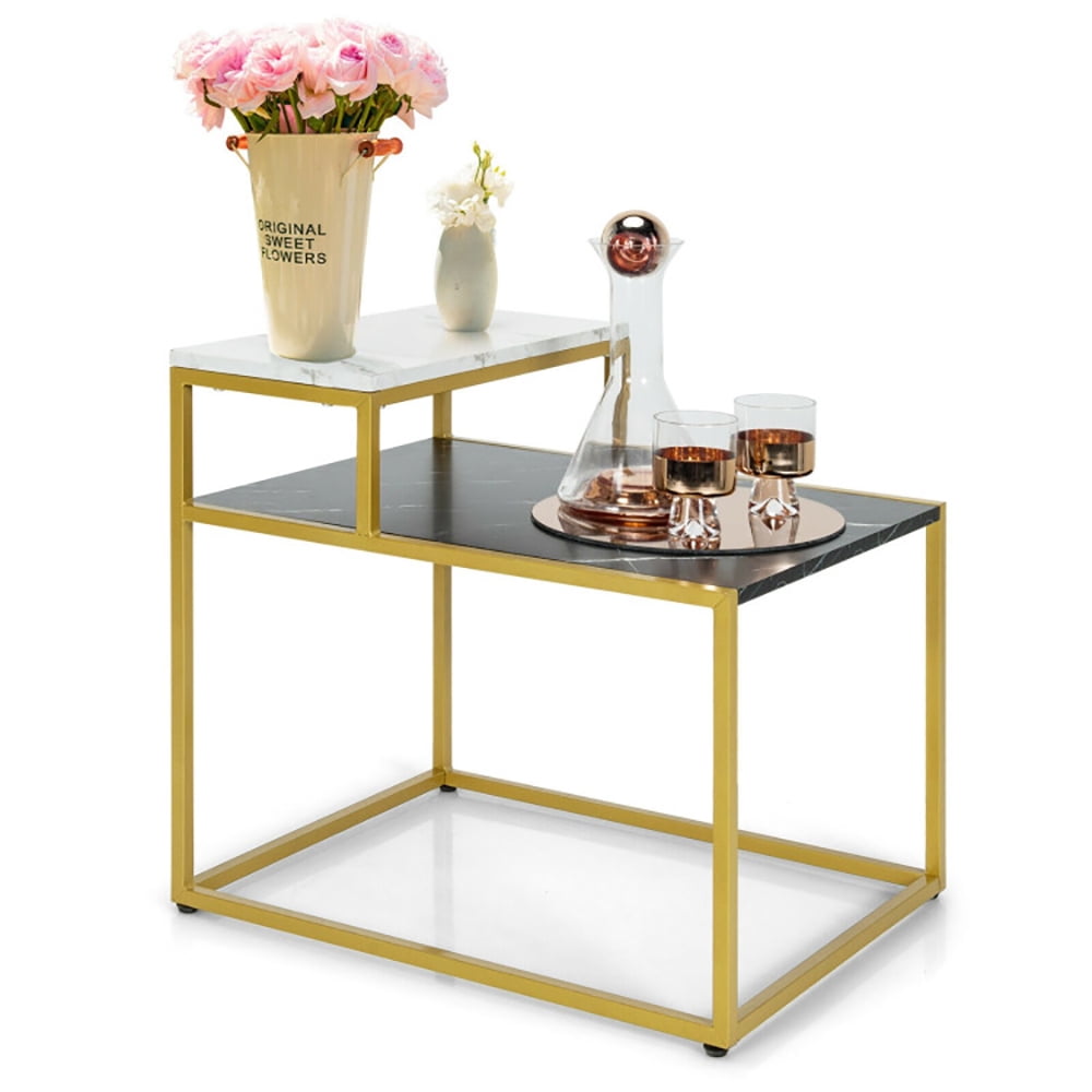 Finihen End Side Table, Rectangular Coffee Table, Gold Metal Frame Side Table, 2 Tier End Side Table with Metal Frame and Storage Shelf, for Living Room, Reception Room, White