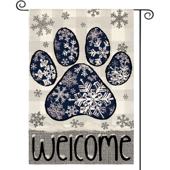 SM-XLHN Snowflake Paw Print Winter House Flag 28x40 Inch Double Sided Outside, Buffalo Plaid Welcome Seasonal Yard Outdoor Decorative Flag