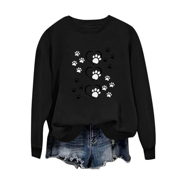 Xqxayjr Women's Dressy Casual Graphic Long Sleeve Sweatshirt Dog Paw Print Fall Fashion Loose Fit Tunic Tops Casual Trendy Crewneck Tops Sweaters