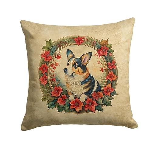 Corgi Christmas Flowers Throw Pillow 14 in x 14 in