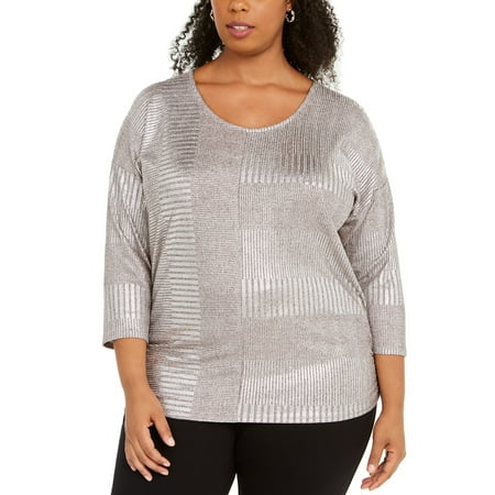 JM Collection Women's Plus Size Metallic Ribbed Dolman Top Foil Rib Shine Size Small