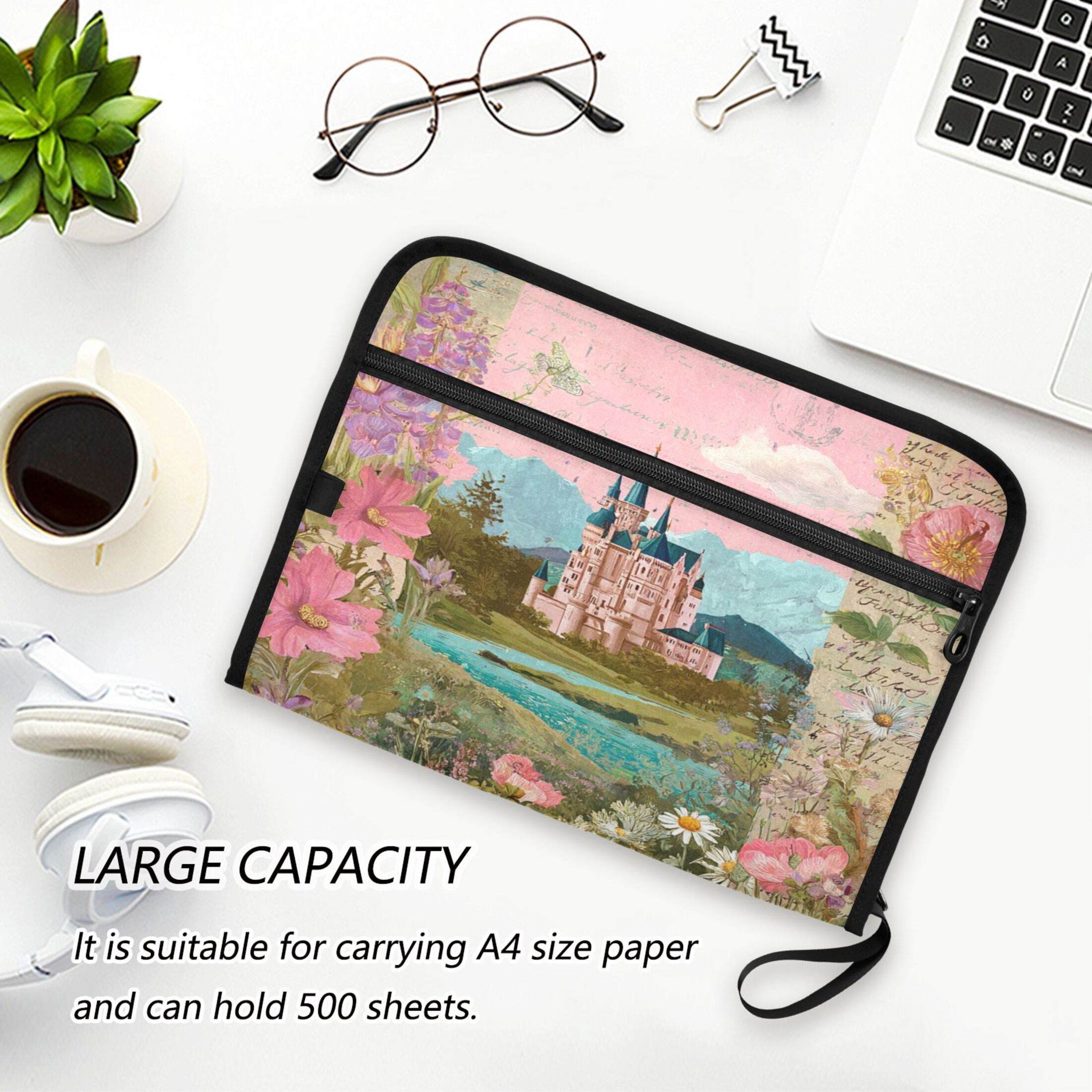 13-Pocket Expanding File Folder—Nylon Accordion File Organizer with Handwritten Labels, Castle Pattern