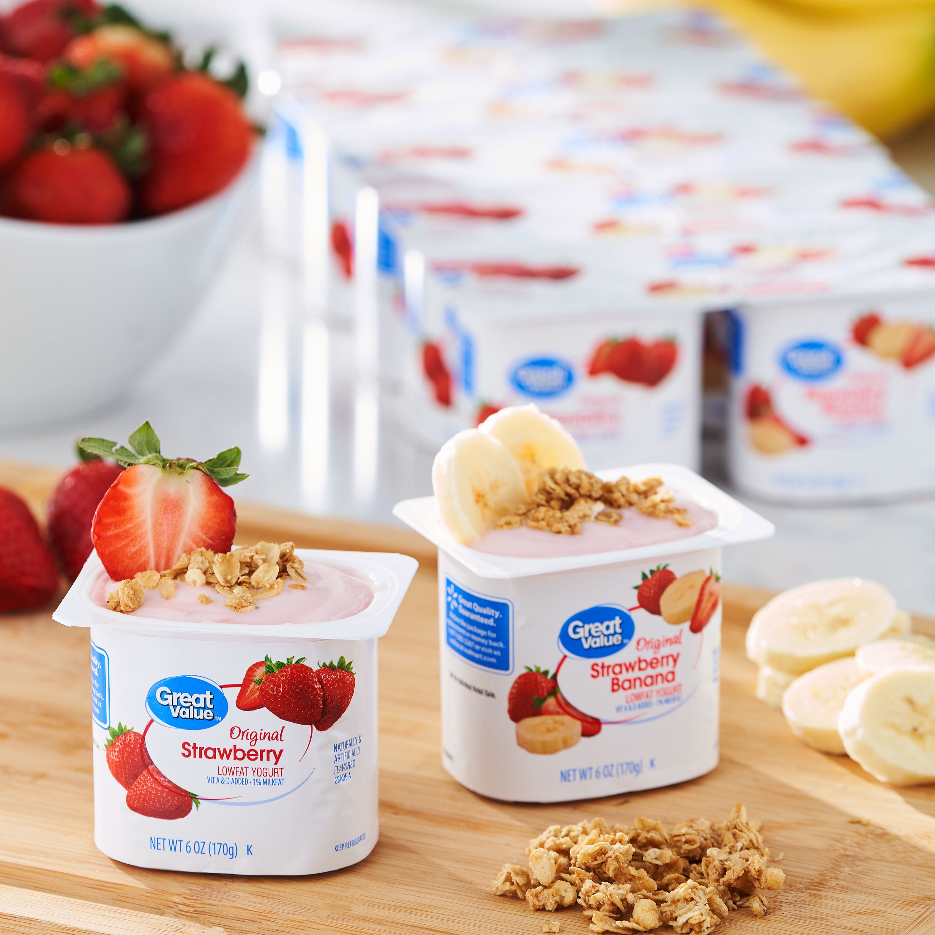 Great Value Original Strawberry and Strawberry Banana Lowfat Yogurt, 6 oz Cups, 12 Pack