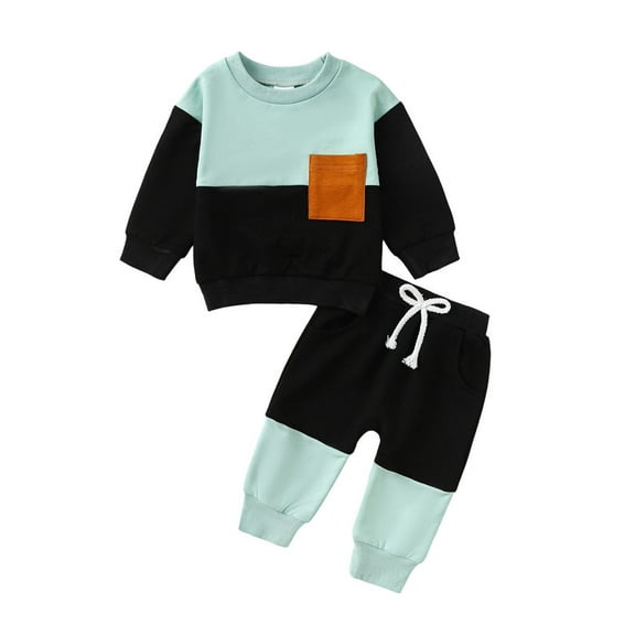 Newborn Baby Boy Black Green Patchwork Long Sleeved Top with Front Pocket   Pants Set 2PCs Fall Winter Infant Outfits