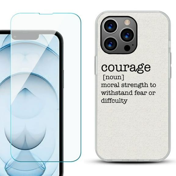Slim-Fit Gel TPU Phone Case for iPhone 13 Pro Max, with Tempered Glass Screen Protector, by OneToughShield ® - Dictionary/Courage