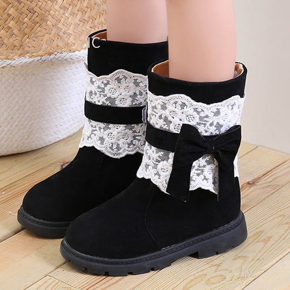 Puntoco Autumn and Winter Girls Snow Boots Thick Bottom Non Slip Warm Solid Color Rhinestone Bow Kids Shoes Clearance