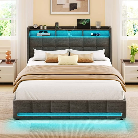Greenstell Full LED Storage Bed Frame - Charging Station, App Control, 1200LBS Capacity, Dark Gray