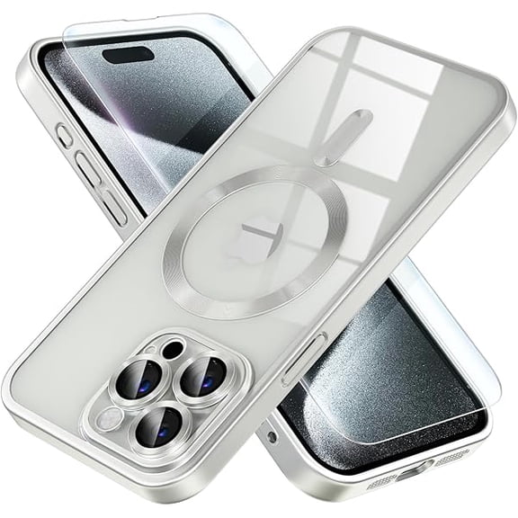 Eryueer Magnetic for iPhone 15 Pro Case [Never Yellowing] [Military Grade Drop Protection] Full Camera Lens Protector Soft Clear Phone Case for Women Girls, Titanium Silver