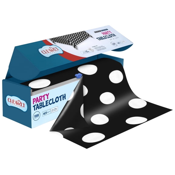 Clearly Polka Dot Black and White Plastic Tablecloth Roll with Cutter, 423 Sq.Ft (52"x1181") Extra Large Disposable Plastic Table Cloth for Parties, Events and Outdoor Gatherings