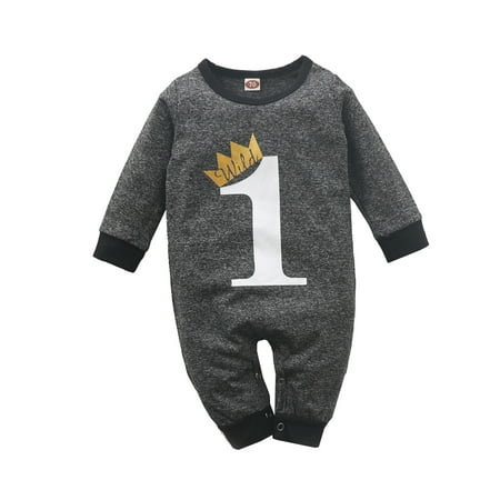 

Honeeladyy Newborn Infant Baby Boys Long Sleeve Crown Letter Romper Jumpsuit Clothes Gray