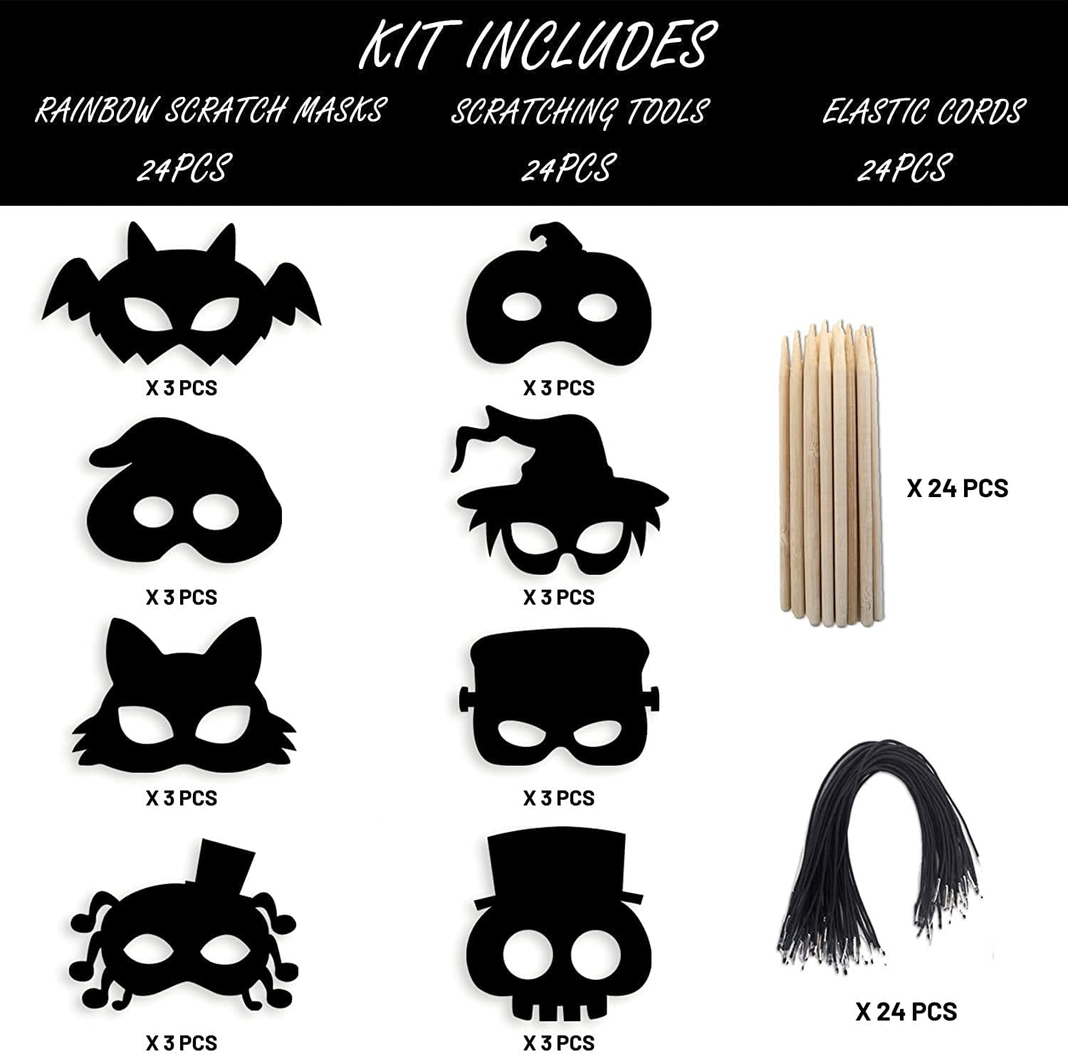 24PCS Scratch Paper Halloween Masks Skeleton Cat Witch Pumpkin Bat Spider Masks DIY Scratch Art Kit for Kids Party Decor Gift