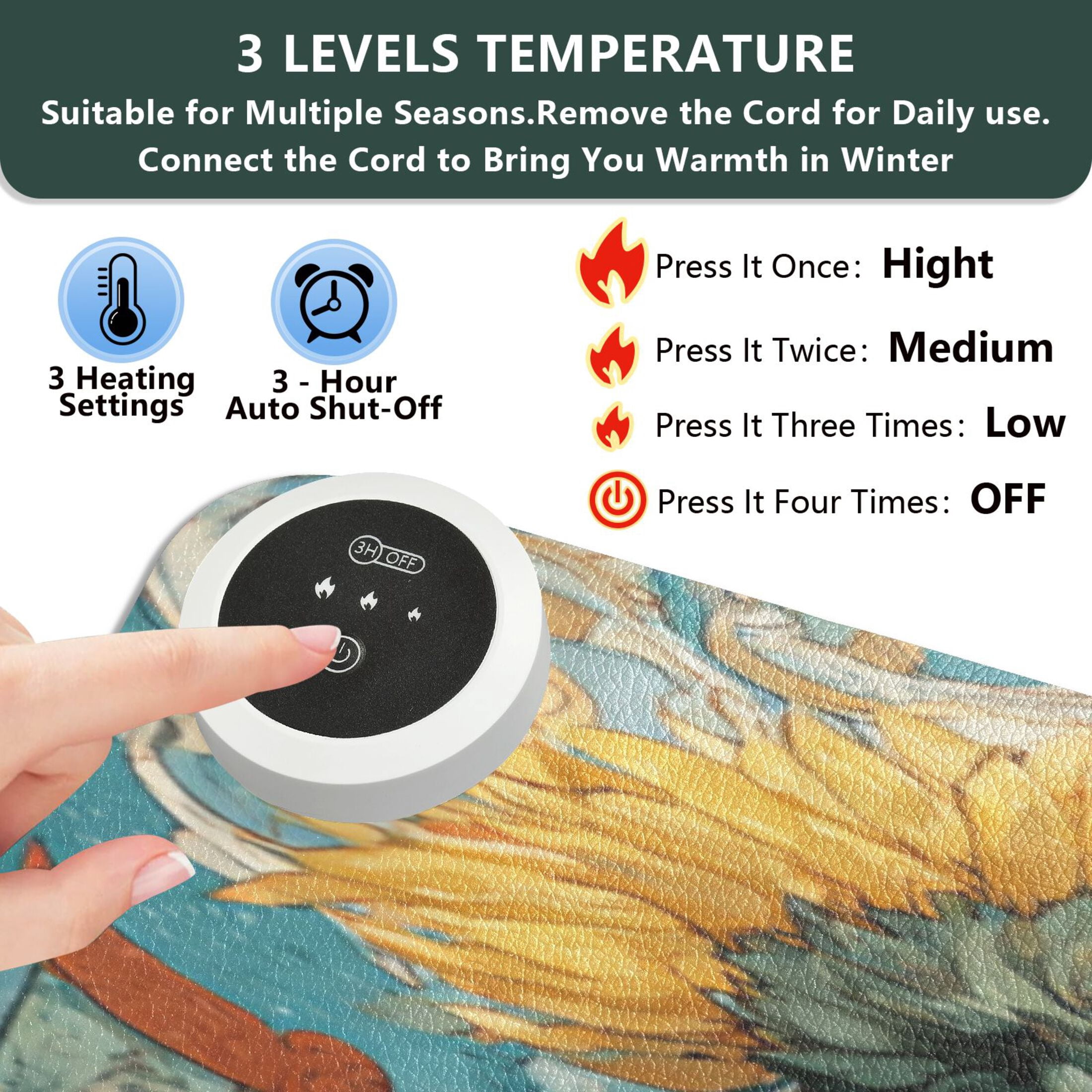 Large Heated Desk Mat Mouse Pad 31.5"x13"PU Leather Graphene Heating Desk Warmer with 3 Temperature Settings 110V US Plug Non-Slip Warm Pad for Home, Office, and Gaming Orange Cat Playing Guitar