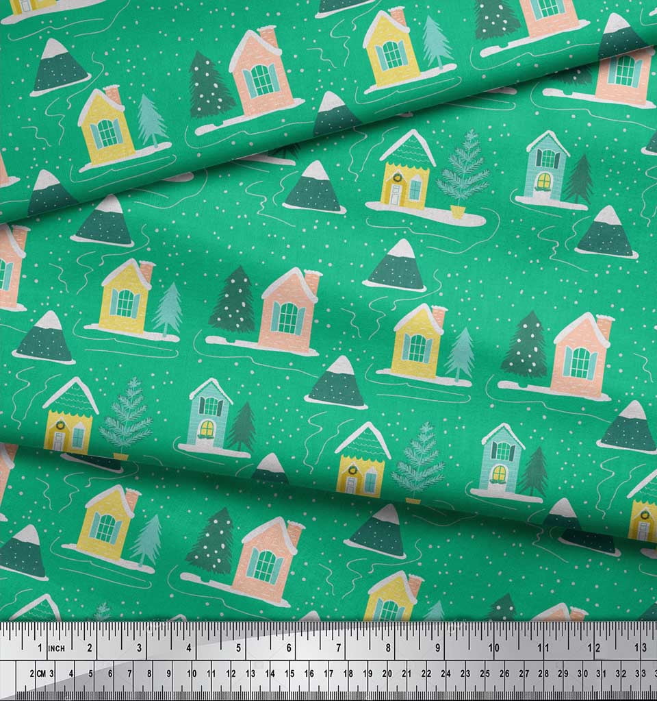 Soimoi Green Cotton Voile Fabric Christmas Tree & House Nature Printed Craft Fabric by the Yard 56 Inch Wide