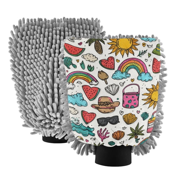 Microfiber Car Wash Gloves With Chenille & Polyester Terry Scratch-Free Cleaning Elastic Cuffs Summer Elements Sticker