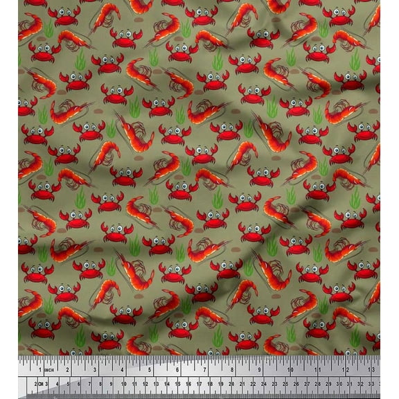 Soimoi Cotton Duck Fabric Coral,Prawns & Crab Ocean Decor Fabric Printed Yard 42 Inch Wide