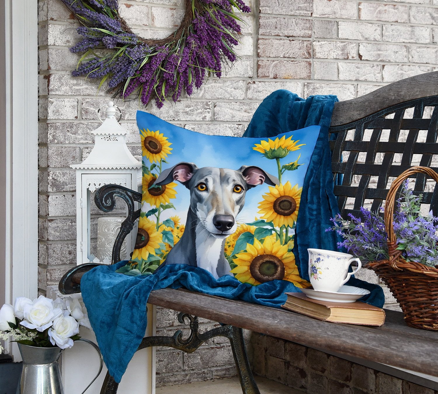 Greyhound in Sunflowers Throw Pillow 18 in x 18 in