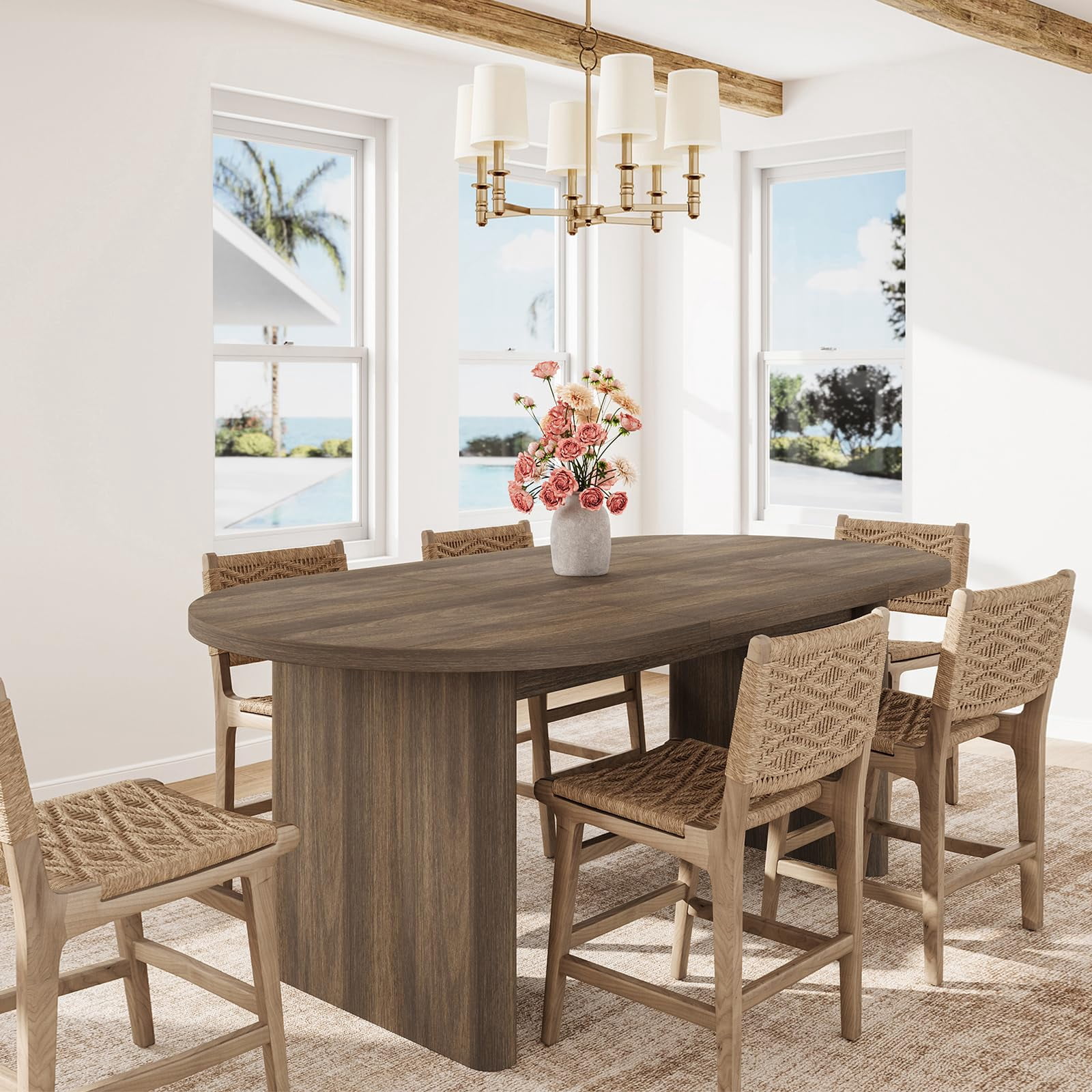 Kicctian Oval Dining Table for 4-6, Spacious Tabletop with Thick Sturdy Wooden Base, Versatile Kitchen Table for Dining Room, Living Room or Kitchen,Brown
