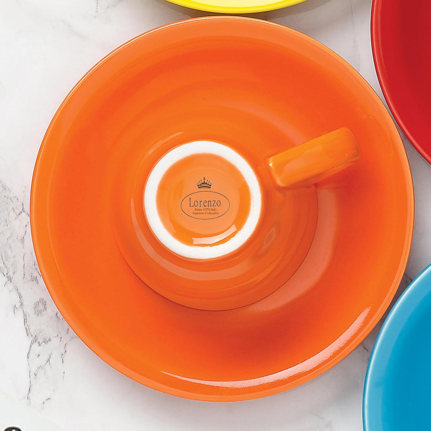HOMEHUT Espresso Cups and Saucers Set of 6 - 3 Oz Porcelain Demitasse Cups, Orange Coffee Cup Set with Matching Saucers, Microwave and Dishwasher Safe Small Espresso Cups for Home and Café Use
