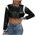 thumbnail image 7 of HTNBO Women's Bomber Jackets Leather Button Casual Cropped Baseball Jacket Fashion Motorcycle Jacket Short Varsity Outwear, 7 of 7