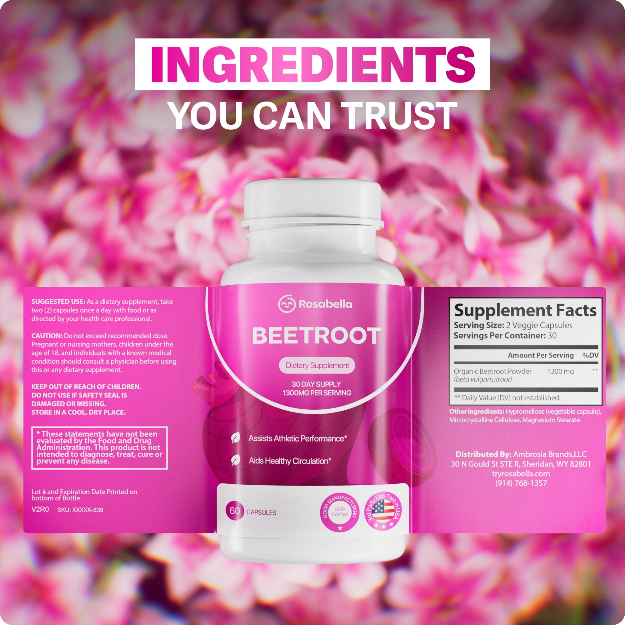 Rosabella Organic Beet Root Capsules - 1300mg Beet Root Powder Aids Healthy Circulation & Vitality, Non-GMO, Beet Root Supplement - 60 Capsules, 30-Day Supply