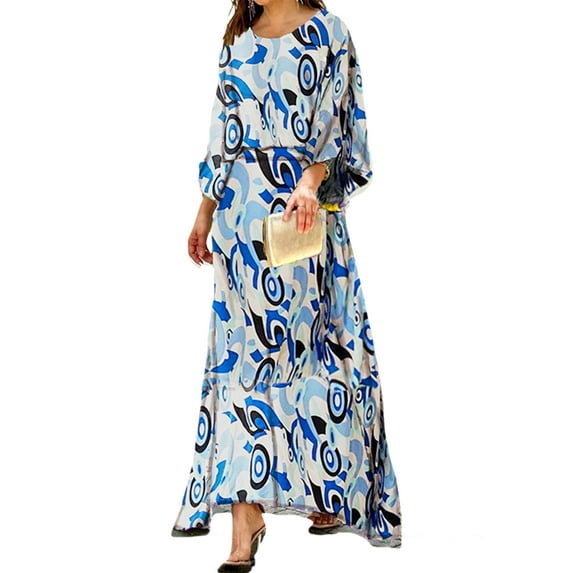 DYMADE Women Loose Printed Long Sleeve High Waist Ankle-Length Dress