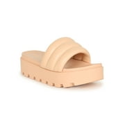 HeartThentic Puffy Padded Thick Strap Lugged Sole Open Toe Platform Ridged Treaded Flatform Sole Spring Summer Slide Sandals by Kayleen - Nude Vegan Leather (Size: 10)