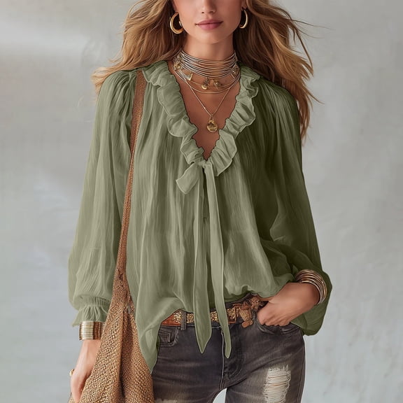 WHEANG Womens Tops V Neck Blouses for Women Dressy Casual Pleated Front Sleeved Shirt With Collar Exuding Flying Sleeve Womens Tops Womens Tops Hot Summer Sale Green S Summer Sales Under $6