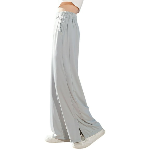 hoksml Girls Uniform Pants Lightweight Thin Breathable Elastic waist Solid Color Ice Silk Cool Loose Wide-leg Pants with Pockets