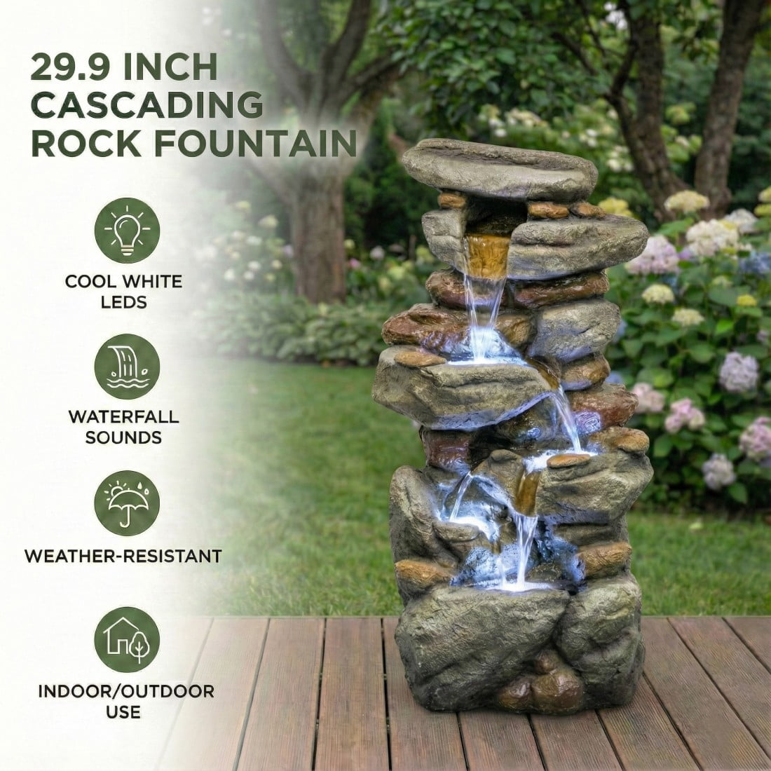 Bear Outdoor Water Fountain with LED Lights Resin Cascading Waterfall Garden Fountain for Patio Yard Balcony Decorative Water Feature