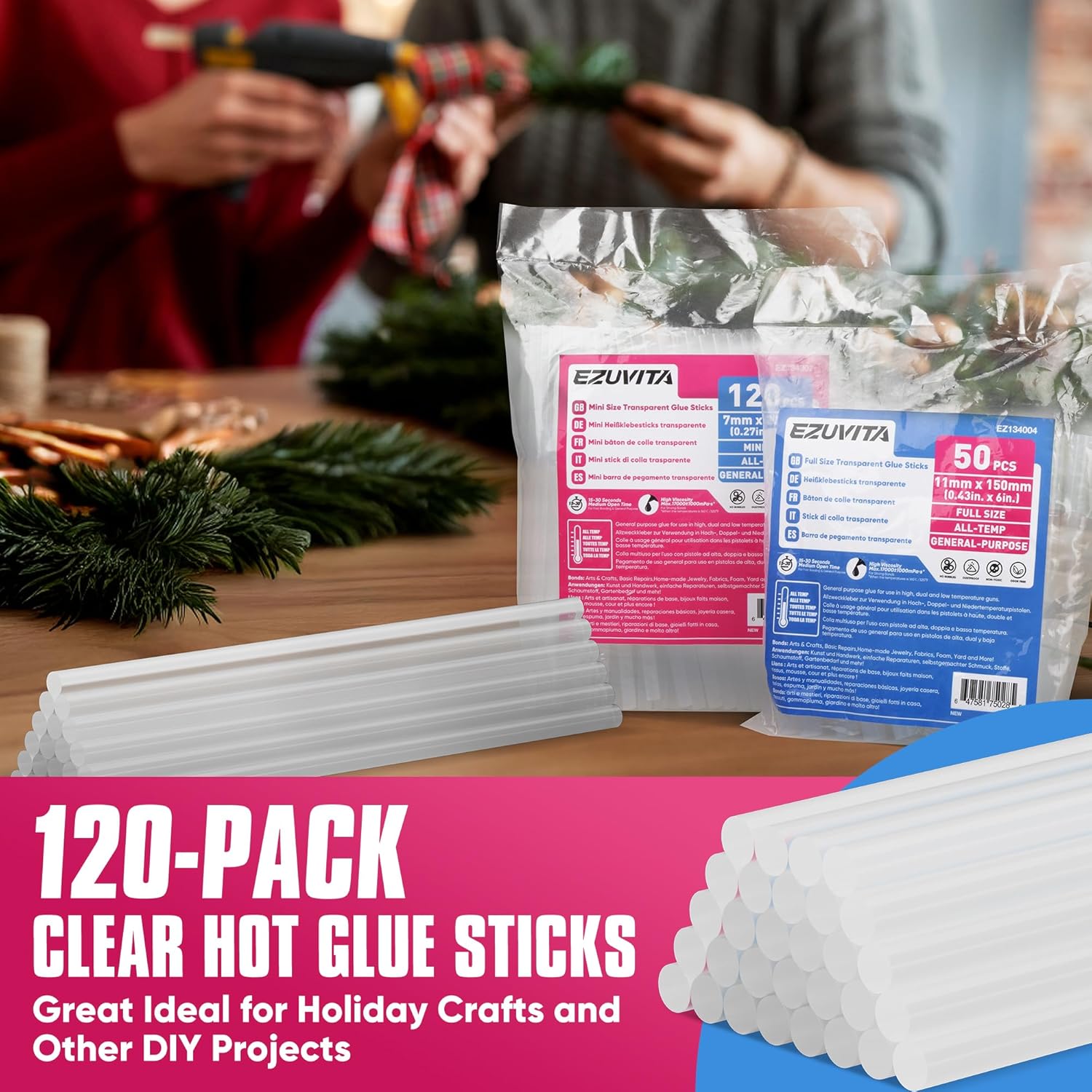 Mini Size Hot Glue Sticks, 0.27” Dia x 8” Long, 120-Pack Clear Melt Gun Sticks for All-Temp Guns, Multipurpose DIY Art Craft General Repairs, Festival Decorations