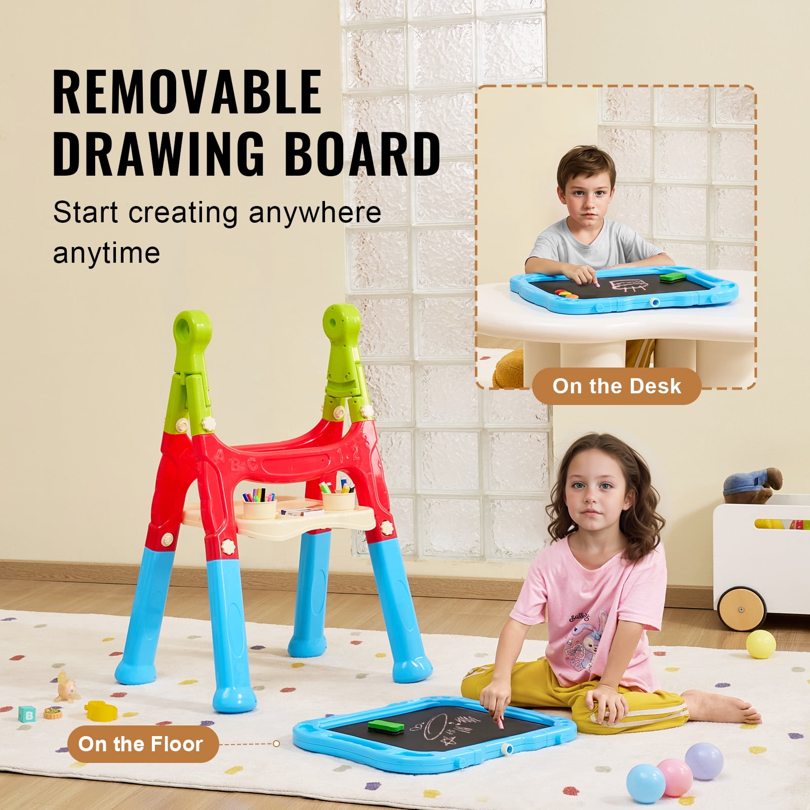 VEVOR Art Easel for Kids, 2-in-1 Double-Sided Kides Art Easel with Magnetic Whiteboard & Chalkboard, Adjustable Standing Rotatable Removable Drawing Board with Painting Accessories for Boys and Girls