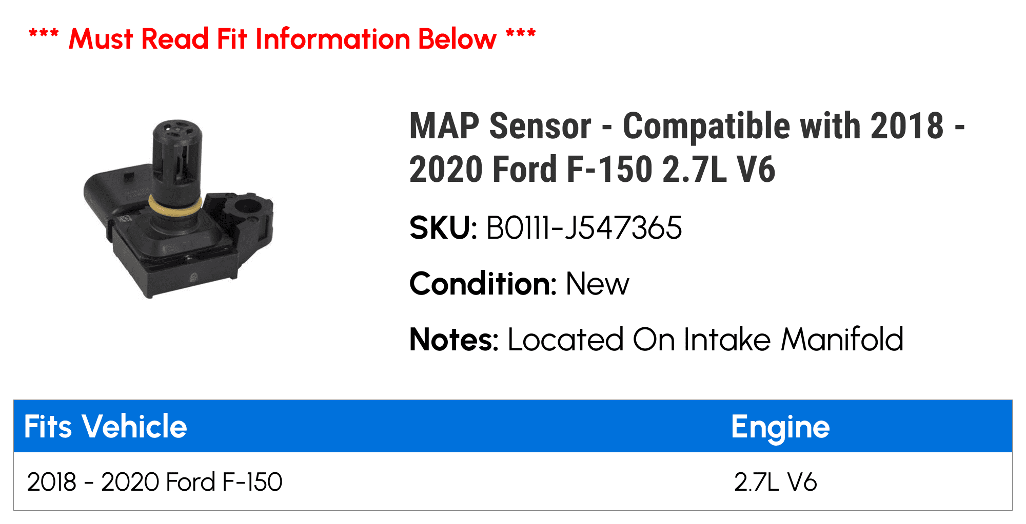 MAP Sensor - Compatible with 2018 - 2020 Ford F-150 2.7L V6 2019