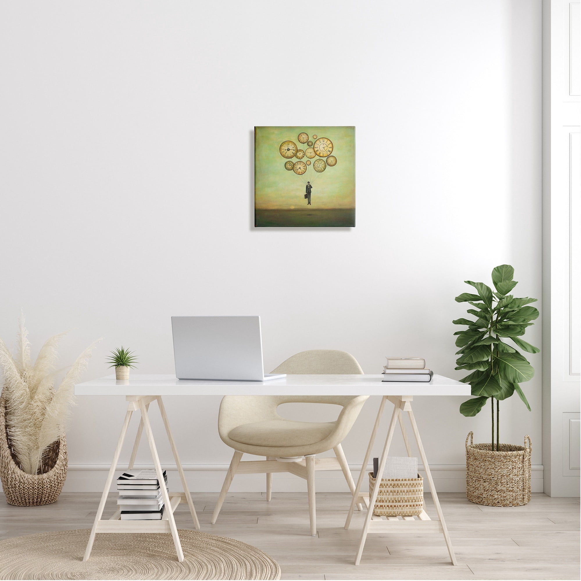 Surreal Analog Clocks Balloons Floating Businessman Suit Novelty Painting Gallery-Wrapped Canvas Print Wall Art