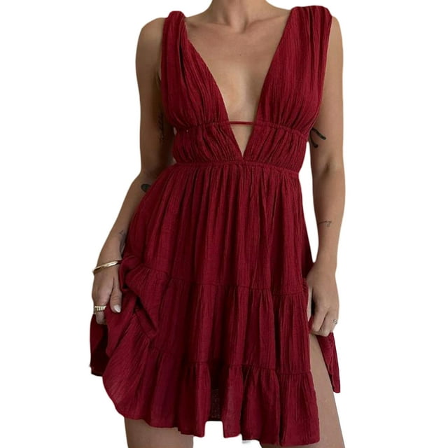 Faithtur Robe de Soirée pour Femmes Couleur Unie Sans Manches Col en V Profond Dos Nu Robe Fluide Robe de Bal Formelle