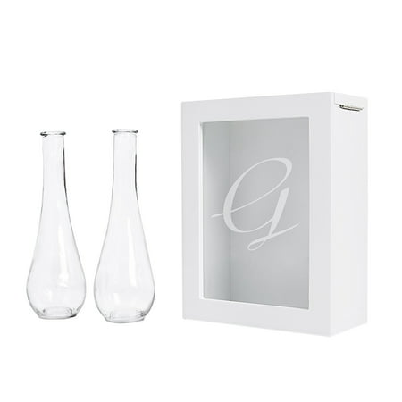 Sand Ceremony Shadow Box Set, Letter G, White, Set Includes Large shadow box, Custom engraved glass insert, Two pouring vases By Cathy's