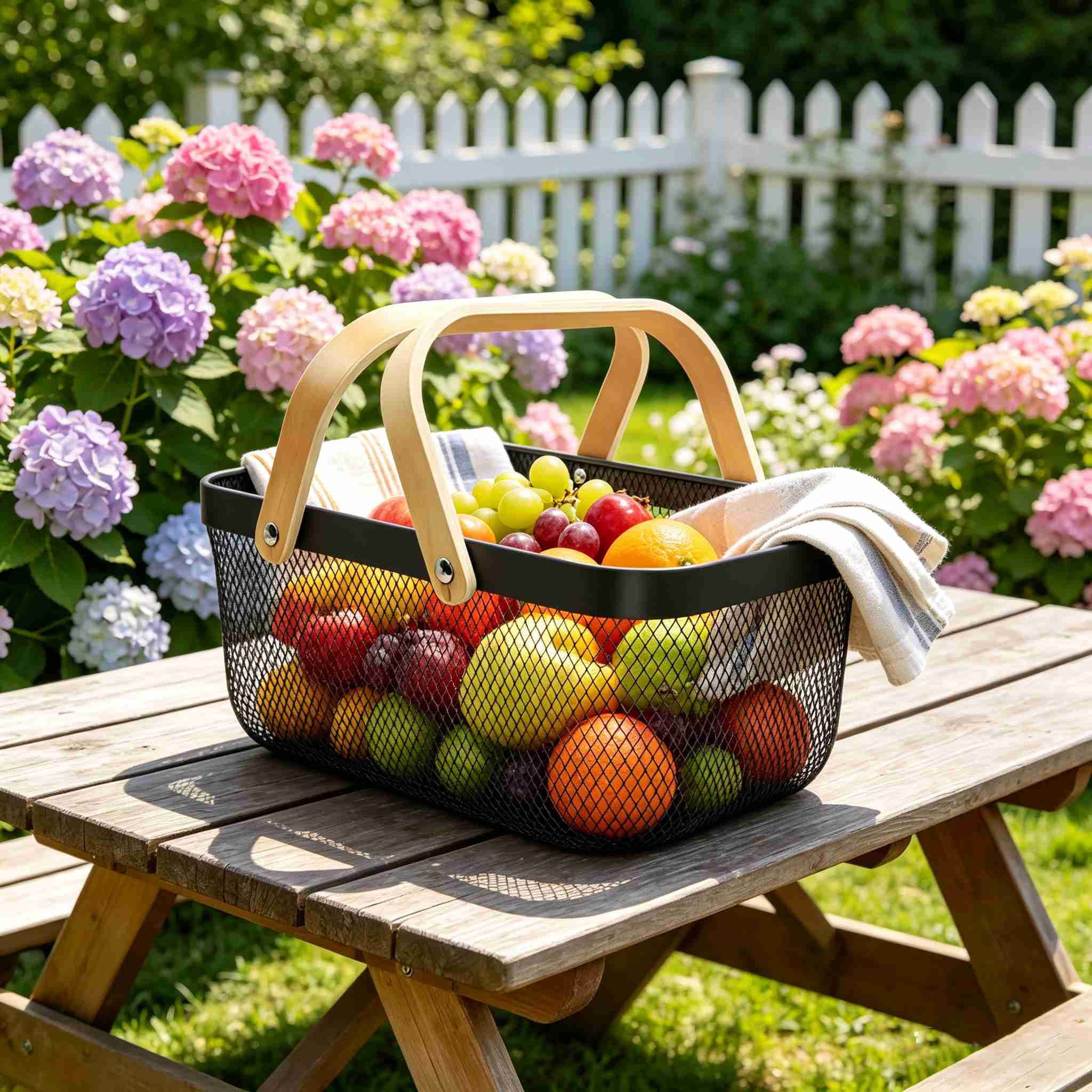MODANU Metal Mesh Storage Basket with Handle, Garden Harvest Basket, Mesh Fruit Vegetables Gathering Basket Bin, Multi-Functional Metal Wire Basket for Kitchen Garden Picnic Cabinet, White