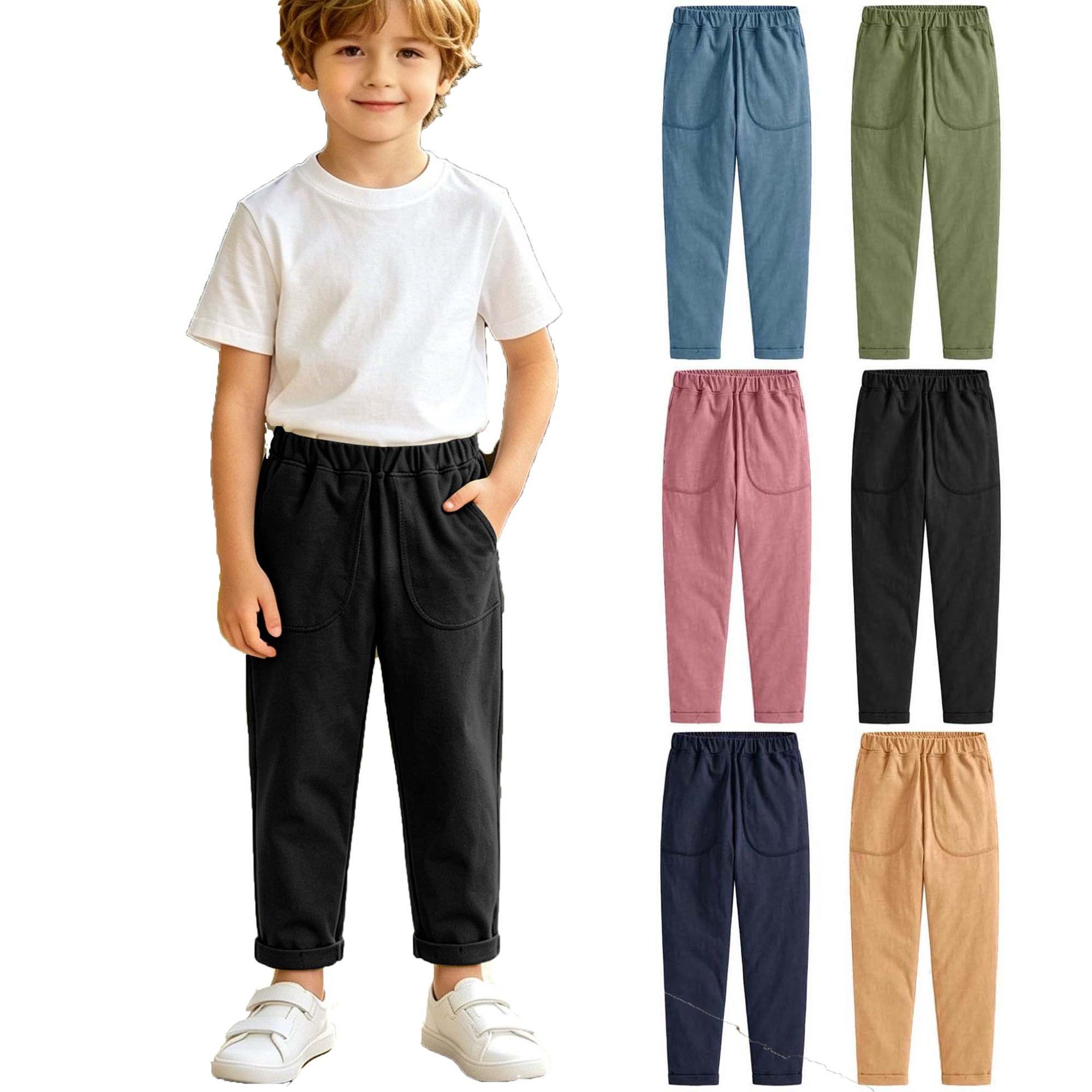 WAVSUF Straight Pants for Boys Loose Fit High Waist Side Pockets Summer Outdoor Cotton Trousers Black 2