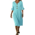 thumbnail image 5 of DYTTDG Women's V-Neck Button Down Midi Dress, Casual Loose Fit Ruffle Short Sleeve Tunic Dress with Pockets, 5 of 8