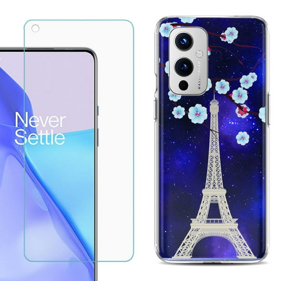 Slim-Fit TPU Phone Case Compatible with OnePlus 9 5G, with Tempered Glass Screen Protector, by OneToughShield ® - Eiffel Tower Stars