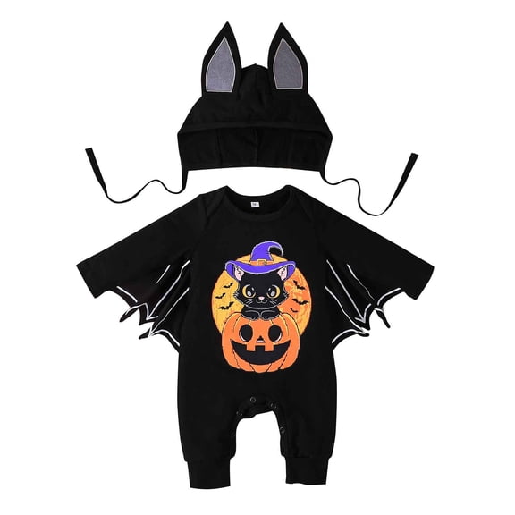 Angala Boys Girls Halloween Cartoon Prints Romper Jumpsuits Hat Outfits Breathable Cute Baby Bodysuits 0-3 Months