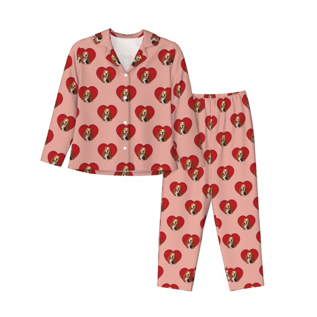 Balery Basset hound dog with paw Conjunto de Pijama con Estampado para Mujer, Conjunto de Dos Piezas con Manga Larga, Ropa de Dormir Suave con Bolsillos, Pijamas Cómodos-Large