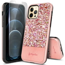 For iPhone 12 / iPhone 12 Pro Case With Tempered Glass Screen Protector, Glitter Sparkle Bling Leather Protective Shockproof, Cute Phone Case Cover for Women Girls (Rose Gold)