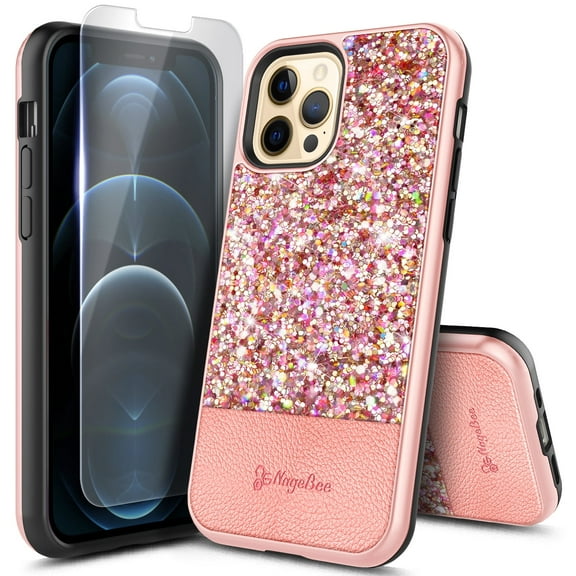 For iPhone 12 / iPhone 12 Pro Case With Tempered Glass Screen Protector, Glitter Sparkle Bling Leather Protective Shockproof, Cute Phone Case Cover for Women Girls (Rose Gold)