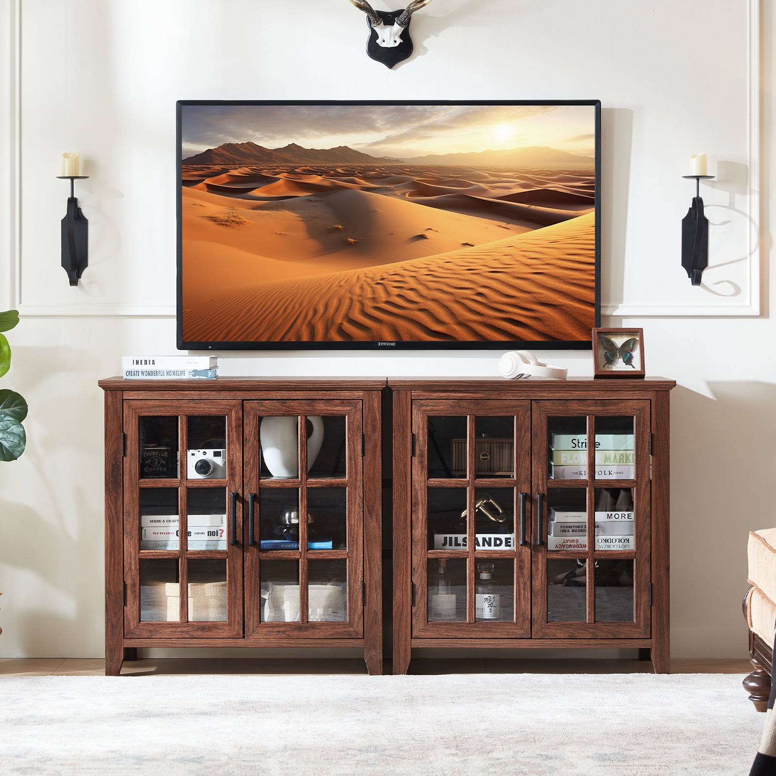 31.5" Rustic Buffet Cabinet with 2 Glass Doors, Compact Sideboard Kitchen Storage Cabinets Coffee Bar Cabinet for Living Room, Brown