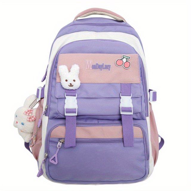 Mochila De Contraste De Color Kawaii, Mochila Escolar Con Múltiples Bolsillos, Mochila De Viaje Estilo Preppy, Mochila De Regreso A La Escuela
