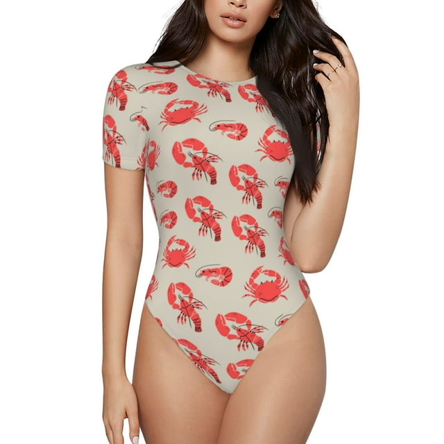 Balery Crab Lobster 1 Body de cuello redondo de manga corta para mujer Tops de manga corta Tops básicos-Medium